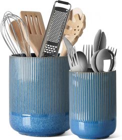Utensil Holder for Kitchen Counter, 7.3"+5.4" Fluted Ceramic Utensil Crock Organizer for Countertop, Heavy Large Holder for Spatulas, Spoons, Set